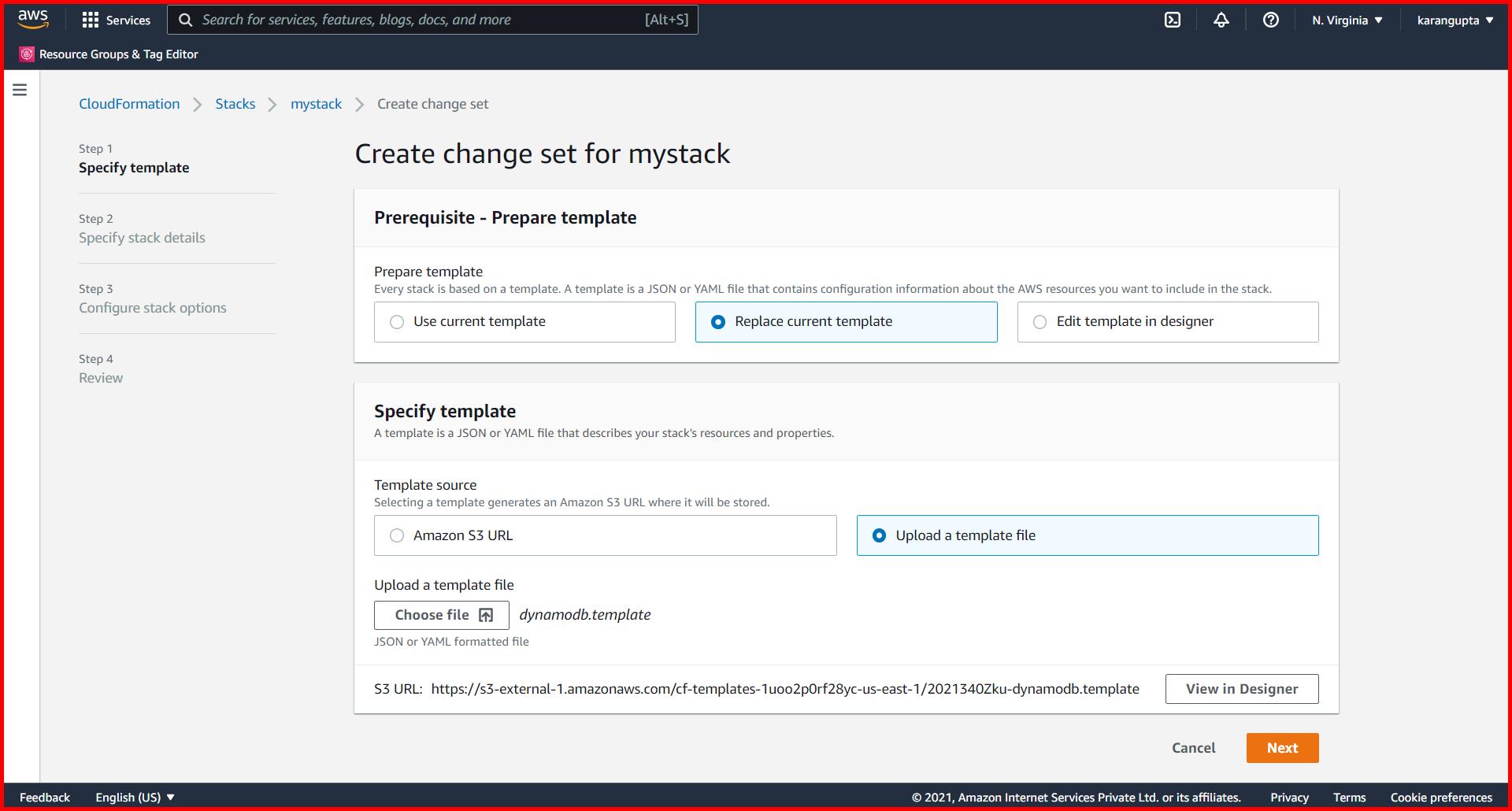 Picture showing the create change set screen for selecting the template